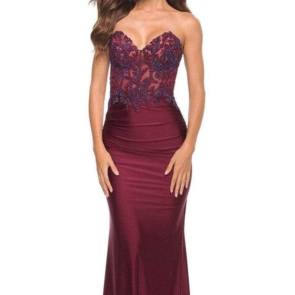 NWT La Femme 30720SC Jersey/Lace Prom Dress Dark Berry Size 8 - Picture 1 of 6